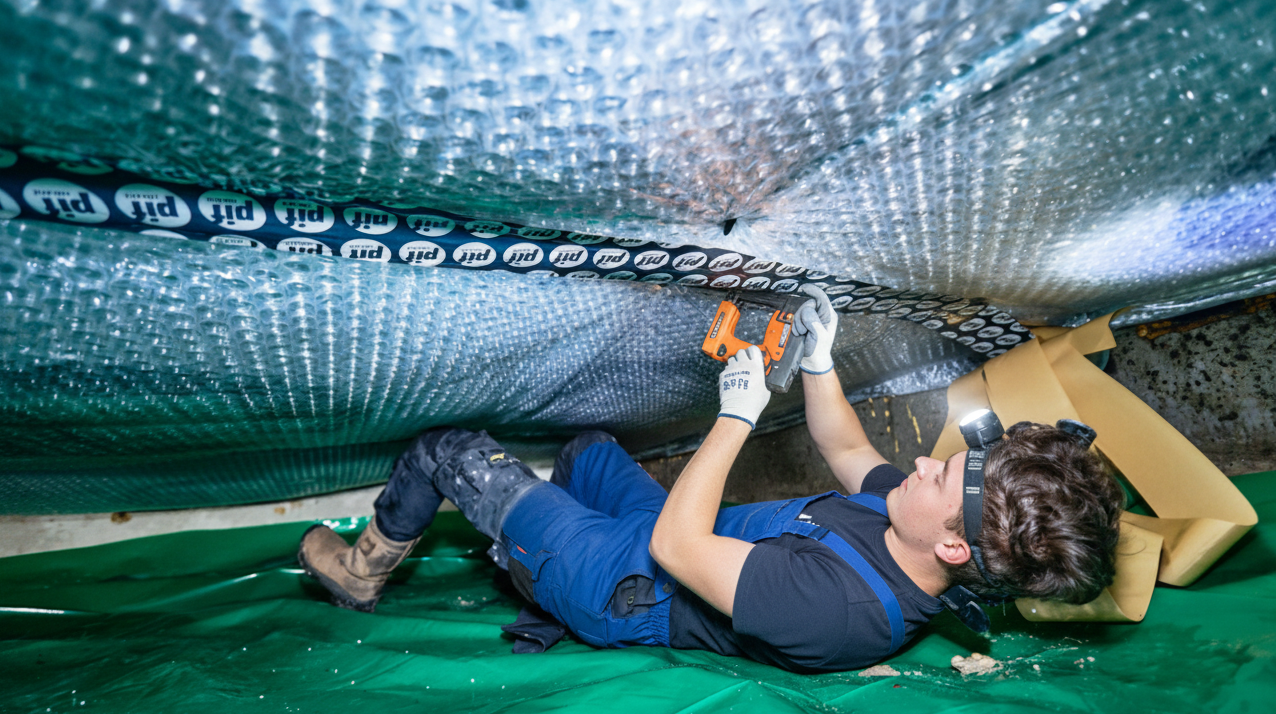 Ruiten Isolatie medewerker brengt PIF vloerisolatie aan